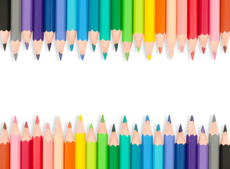 Isolated set of rainbow color wooden pencils. Multicolored bright background for your text. Frame