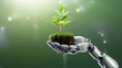 Environmental technology concept. Robot hand holding small plants with Environment icon.Artificial Intelligence and Technology ecology. Green technology and Environmental technology. SDGs.