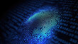 Future security technology. Fingerprint scan provides security access with binary code on deep blue colour background. Fingerprint Security Concept. 3D Render.