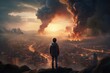 The child stands against the backdrop of a burning city. Post-apocalyptic concept. War