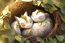 Dragon Family Is Sleeping In A Nest. Baby Dragons And Their Parents In The Forest. Super Cute Fantasy Monster. Funny Cartoon Character. Fabulous Scene. Legend And Fairy Tale. 3d Illustration