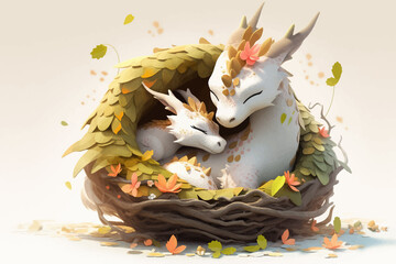 Dragon family is sleeping in a nest. Baby dragons and their parents in the forest. Super cute fantasy monster. Funny cartoon character. Fabulous scene. Legend and fairy tale. 3d illustration