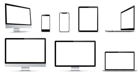 Wall Mural - Set of mockup technology devices with empty display computer, laptop, tablet and mobile phone, different model - vector