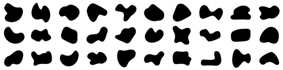 Set abstract liquid blotch shapes. Liquid shape elements. Round blobs collection. Fluid dynamic forms. Rounded spot or speck of irregular form. Pebble, blotch, inkblot, stone and drops - vector