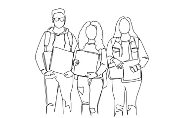 one line art friends group students education boys and girls university and college life education hand drawn illustration vector