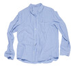 © New Africa - Crumpled light blue shirt on white background, top view