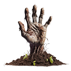 Wall Mural - zombie hand coming out on soil isolated on transparent background - generative ai