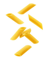 Wall Mural - falling raw penne rigate, uncooked italian pasta, isolated on white background, full depth of field