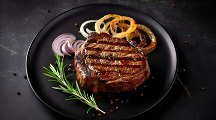 Grilled ribeye beef steak with rosemary and marinated onion on a black stone table.