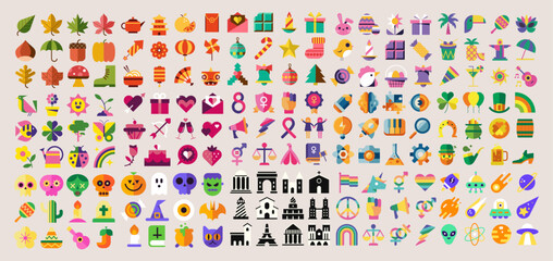 Vector illustrations collection. Celebration icon set. Universal pictogram bundle. Graphic asset. Colorful cliparts. Flat illustration.