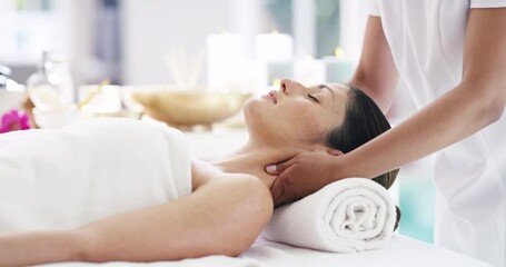 Poster - Spa, head massage and a woman on a table with hands of a therapist for physical therapy, health and wellness. Female client relax at a resort for self care, zen skincare and luxury service for beauty