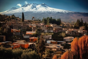 Wall Mural - a mountain may be seen in the distance when one looks out over a city. Generative AI