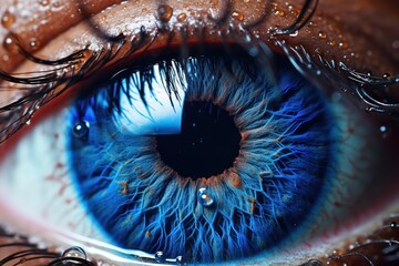 macro photography of a blue eye. blue eye ball. blue eye ball iris. closeup shot of a fantasy eye. Universe, stars, galaxy, glowing.