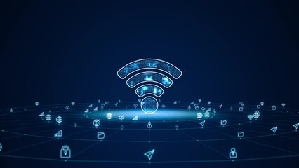 Wall Mural - motion graphic of blue digital wifi logo with futuristic technology ai icon and line connection with