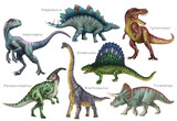 Fototapeta Dinusie - Dinosaur set. Stegosaurus, Dimetrodon, Velociraptor, Triceratops, Brachiosaurus, Tyrex, Parasaurolophus