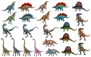 Dinosaur set. Stegosaurus, Dimetrodon, Velociraptor, Triceratops, Brachiosaurus, Tyrex, Parasaurolophus