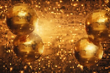 Disco balls image in gold on golden background. Generative AI