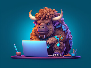 Wall Mural - A Cute 3D Bison Using a Laptop on a Solid-Color Background | Generative AI