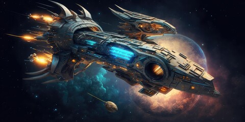 Sticker - biomechanical starship traveling through space scifi high quality technology. generative ai aig16.