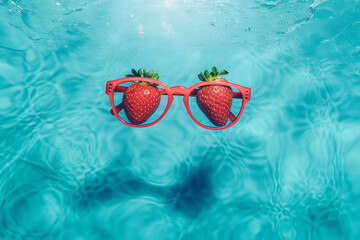 Wall Mural - Strawberry summer sunglasses in a swimming pool. Generative ai