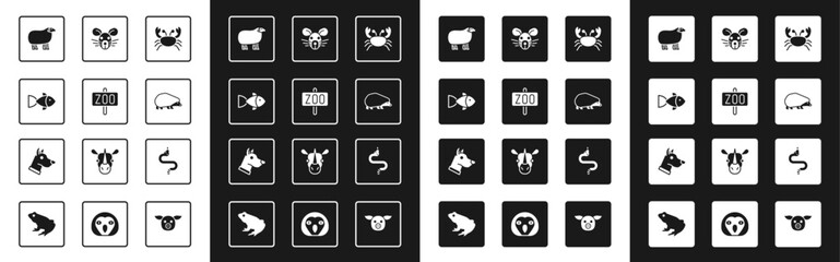 Set Crab, Zoo park, Fish, Sheep, Hedgehog, Rat head, Snake and Dog icon. Vector