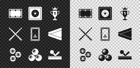 Set Billiard table, chalk, Award cup, ball, Crossed billiard cues and icon. Vector