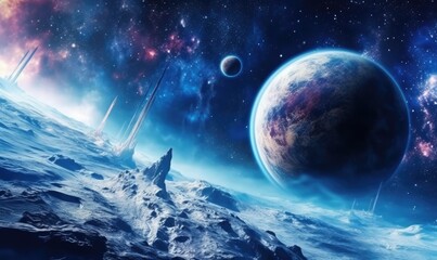 Wall Mural - Space planets and stars in space. 3d landscape photo. Generative AI