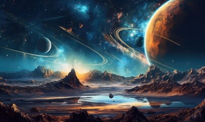 Space planets and stars in space. 3d landscape photo. Generative AI