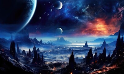 Wall Mural - Space planets and stars in space. 3d landscape photo. Generative AI