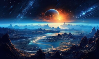 Wall Mural - Space planets and stars in space. 3d landscape photo. Generative AI