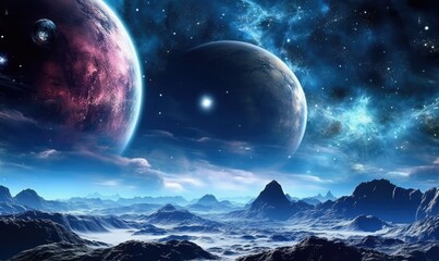 Wall Mural - Space planets and stars in space. 3d landscape photo. Generative AI