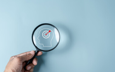 Aufkleber - Magnifying glass focus to human brain and target objective icon inside for plan, thinking business strategy development leadership and customer target group concept.