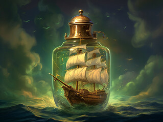 Canvas Print - Ship of glory by chris herriott with lightning in the glass bottle, in the style of subtle gradients,Generative AI