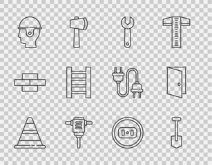 Sticker - Set line Traffic cone, Shovel, Wrench spanner, Electric rotary hammer drill, Worker safety helmet, Wooden staircase, Electrical outlet and Closed door icon. Vector