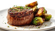 Culinary Elegance Gastronomic delight with a plate of perfectly grilled filet mignon, accompanied by roasted fingerling potatoes and caramelized Brussels sprouts. Copy space. Fine dining ai generative