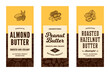Peanut, almond and hazelnut butter labels in modern style. Vector nuts illustrations and patterns