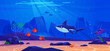 Background of a cute shark swimming on the sea bottom for game design. Coral reef, fish, starfish, seaweed, and other underwater creatures live deep on the ocean floor. Cartoon vector illustration.