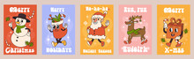 Set Of Vintage Christmas And New Year Cards. Vector Collection Of Retro Postcards And Posters With Groovy Style Characters Of Santa Claus, Rudolph, Present Box, Snowman, And Stocking With Gifts.