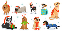 Set Of Cute Christmas And New Year Dog Characters Isolated On White Background. Husky, Spaniel, Pug, Bulldog, Dachshund, And Retriever Wearing Santa, Elf, And Deer Costumes. Cartoon Vector Collection