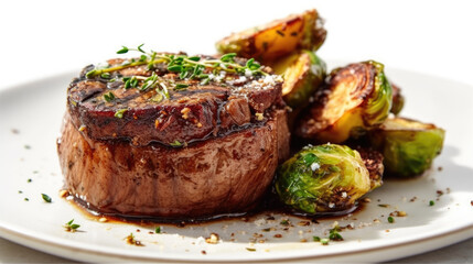 Poster - Culinary Elegance Gastronomic delight with a plate of perfectly grilled filet mignon, accompanied by roasted fingerling potatoes and caramelized Brussels sprouts. Copy space. Fine dining ai generative