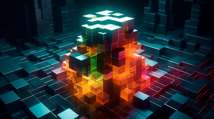Wall Mural - abstract background with glowing cube lights multi-color gradient technology concept. generative ai 