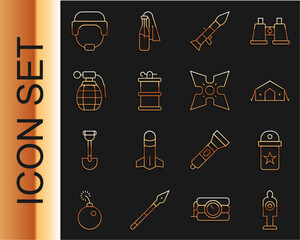 Wall Mural - Set line Human target sport for shooting, Chevron, Military medical tent, Rocket launcher, Hand smoke grenade, helmet and Japanese ninja shuriken icon. Vector