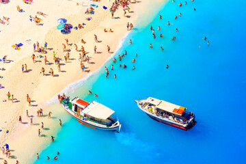Wall Mural - beach recreation. the sea bay. clear turquoise water and boats. view from the air. summer landscape 
