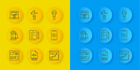 Poster - Set line Storyboard, Camera roll cartridge, Scenario, Histogram graph photography, Online play video, Video recorder on laptop, Microphone and Gimbal stabilizer for camera icon. Vector