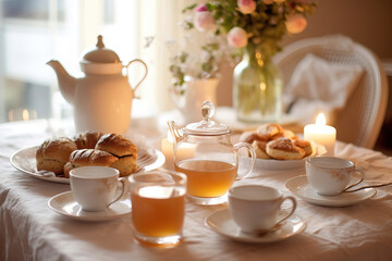 classic tea table served with cake and flowers with warm color palette