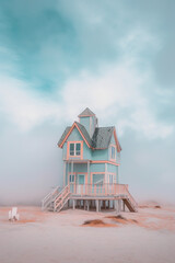 Wall Mural - Surreal tiny house. A beach house on a foggy day. Generative AI.