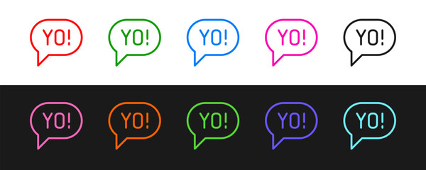 Set line Yo slang lettering icon isolated on black and white background. Greeting words. Vector