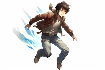 Anime style, male character, free falling, levitating.