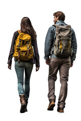 Poster - A man and a woman walking with backpacks. Generative AI.