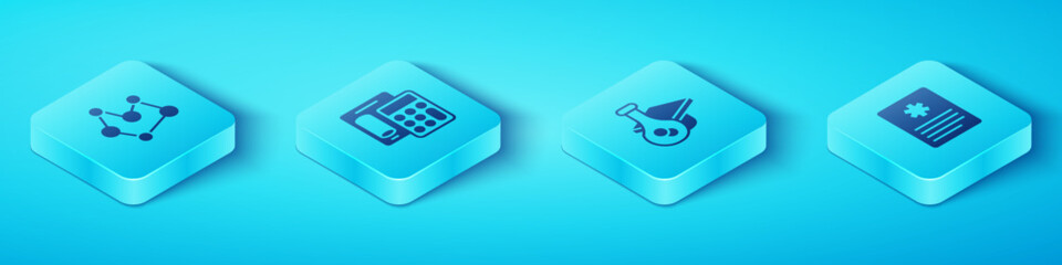 Set Isometric Chemical formula, Calculator, Patient record and Graduation cap icon. Vector
